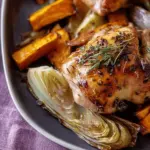 Lemon-thyme roast chicken with sweet potatoes and fennel
