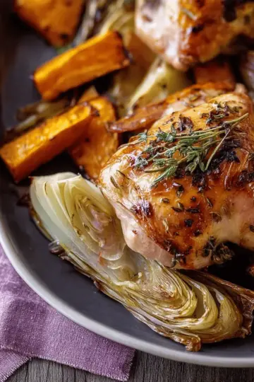 Lemon-thyme roast chicken with sweet potatoes and fennel