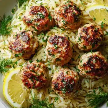 Greek Chicken Meatballs with Lemon Orzo