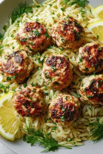 Greek Chicken Meatballs with Lemon Orzo