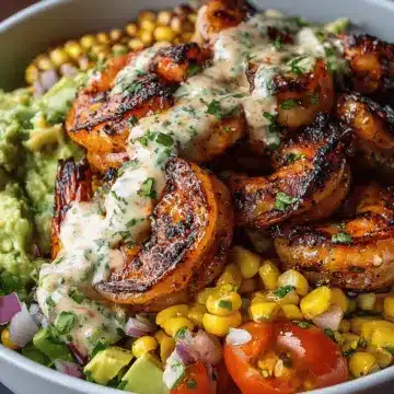 Grilled Shrimp Bowl with Avocado, Corn Salsa & Creamy Garlic Sauce