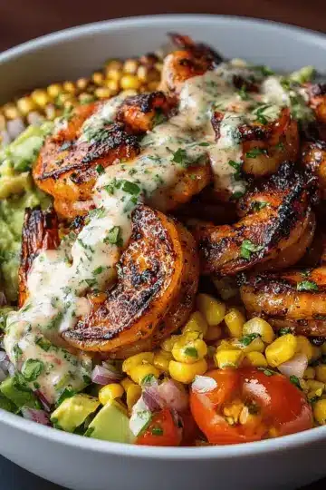 Grilled Shrimp Bowl with Avocado, Corn Salsa & Creamy Garlic Sauce