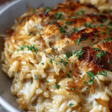 French Onion Chicken Orzo Casserole