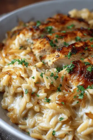 French Onion Chicken Orzo Casserole