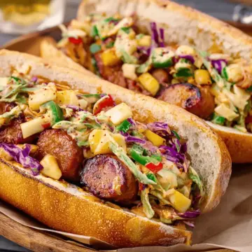 Mardi Gras Chicken Sausage Po’ Boys with Apple-Mango Slaw