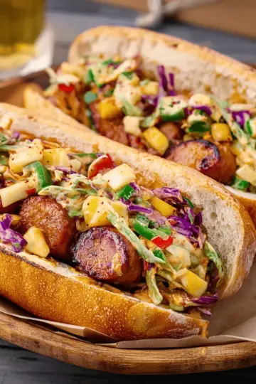 Mardi Gras Chicken Sausage Po’ Boys with Apple-Mango Slaw