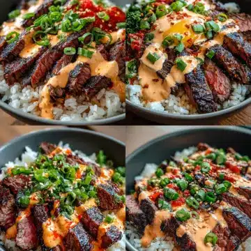 Korean BBQ Steak Rice Bowls with Spicy Cream Sauce