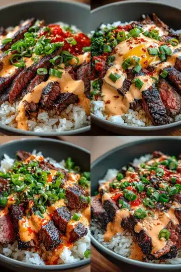 Korean BBQ Steak Rice Bowls with Spicy Cream Sauce