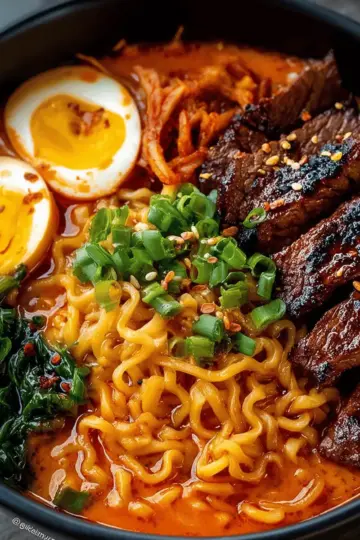 Spicy Korean Ramen with Grilled Beef & Creamy Sauce