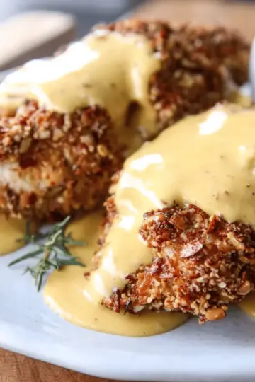 Pretzel-Crusted Chicken with Cheesy Mustard Sauce