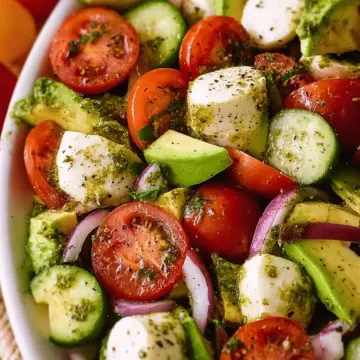 Tomato Cucumber Avocado Salad with Mozzarella and Basil Pesto