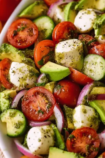 Tomato Cucumber Avocado Salad with Mozzarella and Basil Pesto