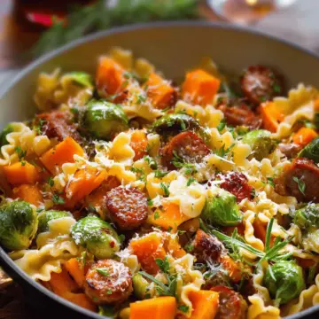 Autumn Dinner with Sausage, Pasta, Brussels Sprouts and Butternut Squash
