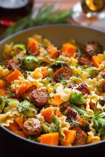 Autumn Dinner with Sausage, Pasta, Brussels Sprouts and Butternut Squash