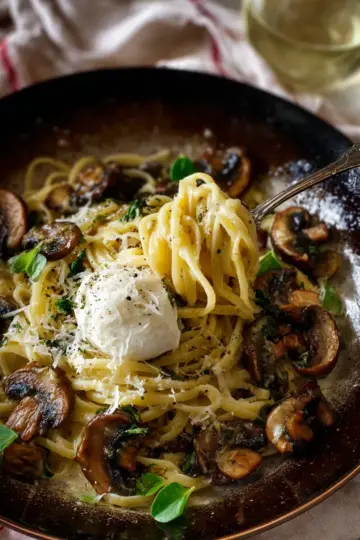 White wine pasta with roasted mushrooms