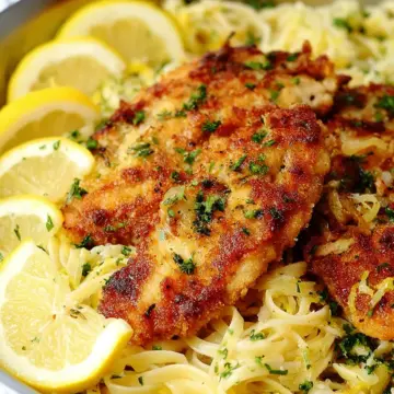 Romano Chicken with Lemon Garlic Pasta