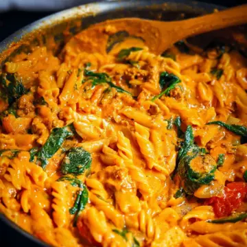 One Pot Creamy Tomato Pasta (with beef and spinach)