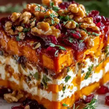 Layered Sweet Potato, Butternut Squash, Carrot Lasagna with Feta, Walnuts, and Cranberry-Honey Glaze
