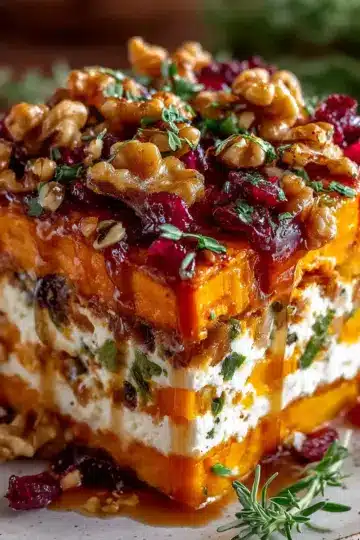 Layered Sweet Potato, Butternut Squash, Carrot Lasagna with Feta, Walnuts, and Cranberry-Honey Glaze