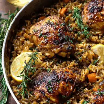 One Pot Lemon Rosemary Dijon Chicken and Butter Toasted Rice Pilaf.