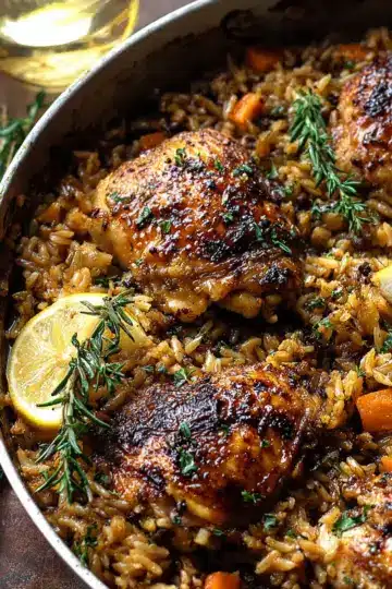One Pot Lemon Rosemary Dijon Chicken and Butter Toasted Rice Pilaf.