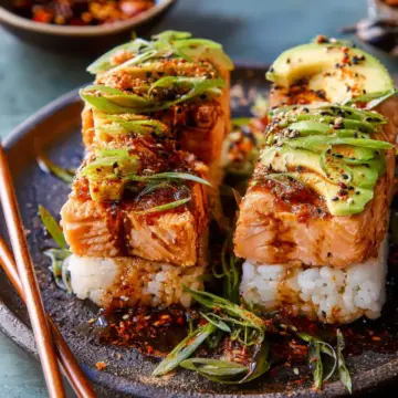 Easy Spicy Salmon Sushi Stacks.