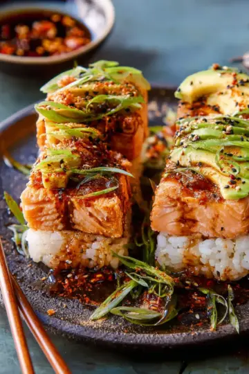 Easy Spicy Salmon Sushi Stacks.