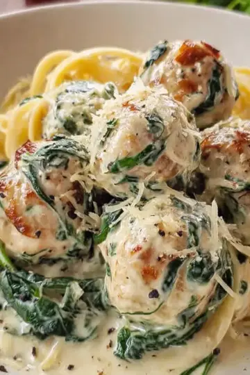 Chicken Ricotta Meatballs In Creamy Spinach Alfredo