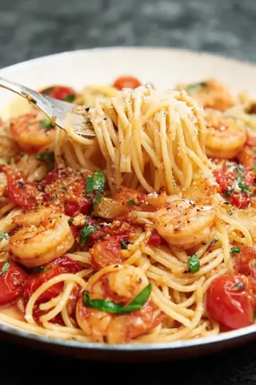 Chilli Prawn Pasta with Tomato, Lemon and Garlic