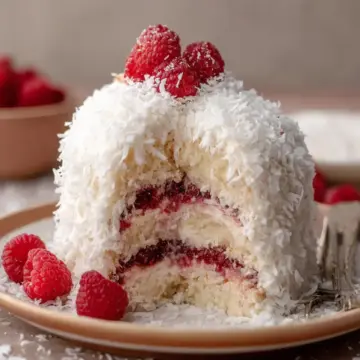 Raspberry Surprise Coconut Snowball Cake