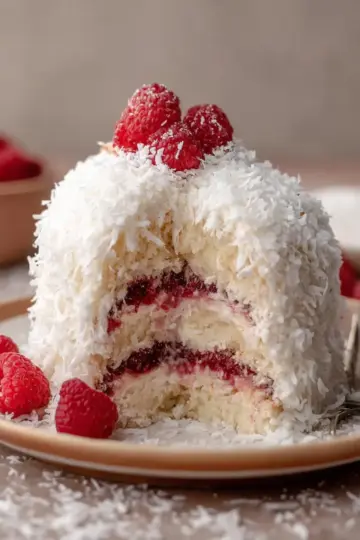Raspberry Surprise Coconut Snowball Cake