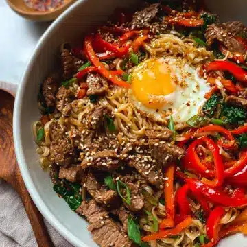 Korean Beef Noodle Bowls with Sticky Sesame Sauce