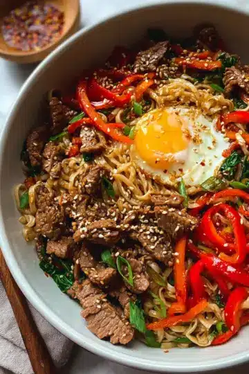 Korean Beef Noodle Bowls with Sticky Sesame Sauce