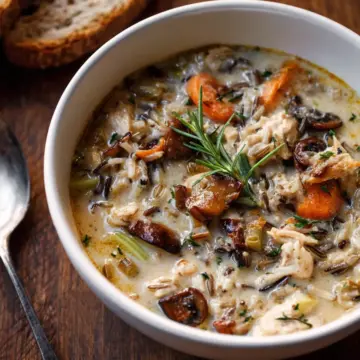 Creamy Wild Rice Chicken Soup with Roasted Mushrooms.
