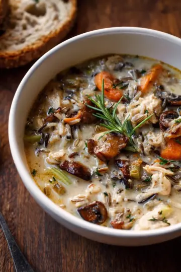 Creamy Wild Rice Chicken Soup with Roasted Mushrooms.