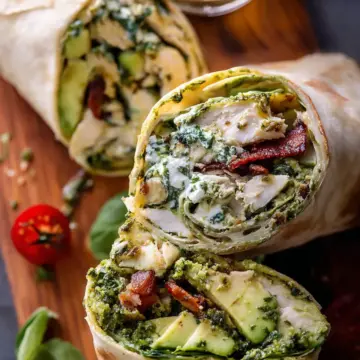 Pesto Chicken and Avocado Bacon Salad Wraps.