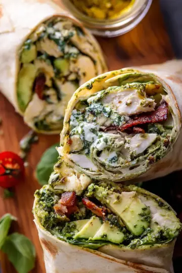Pesto Chicken and Avocado Bacon Salad Wraps.