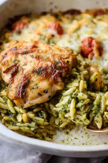 One Pan Chicken with Orzo and Pesto
